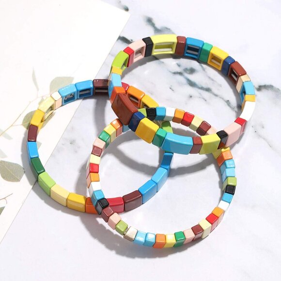 Tile Bracelets Enamel Rainbow Tile Bead Bracelets Colorblock Stackable Stretch B - Picture 4 of 8